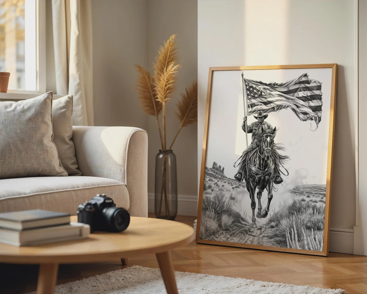 Cowboy Horse American Flag Canvas Wall Art, Patriotic Western Decor