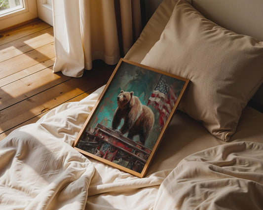Rustic Patriotic Bear Canvas Wall Art, Americana Wildlife Prin