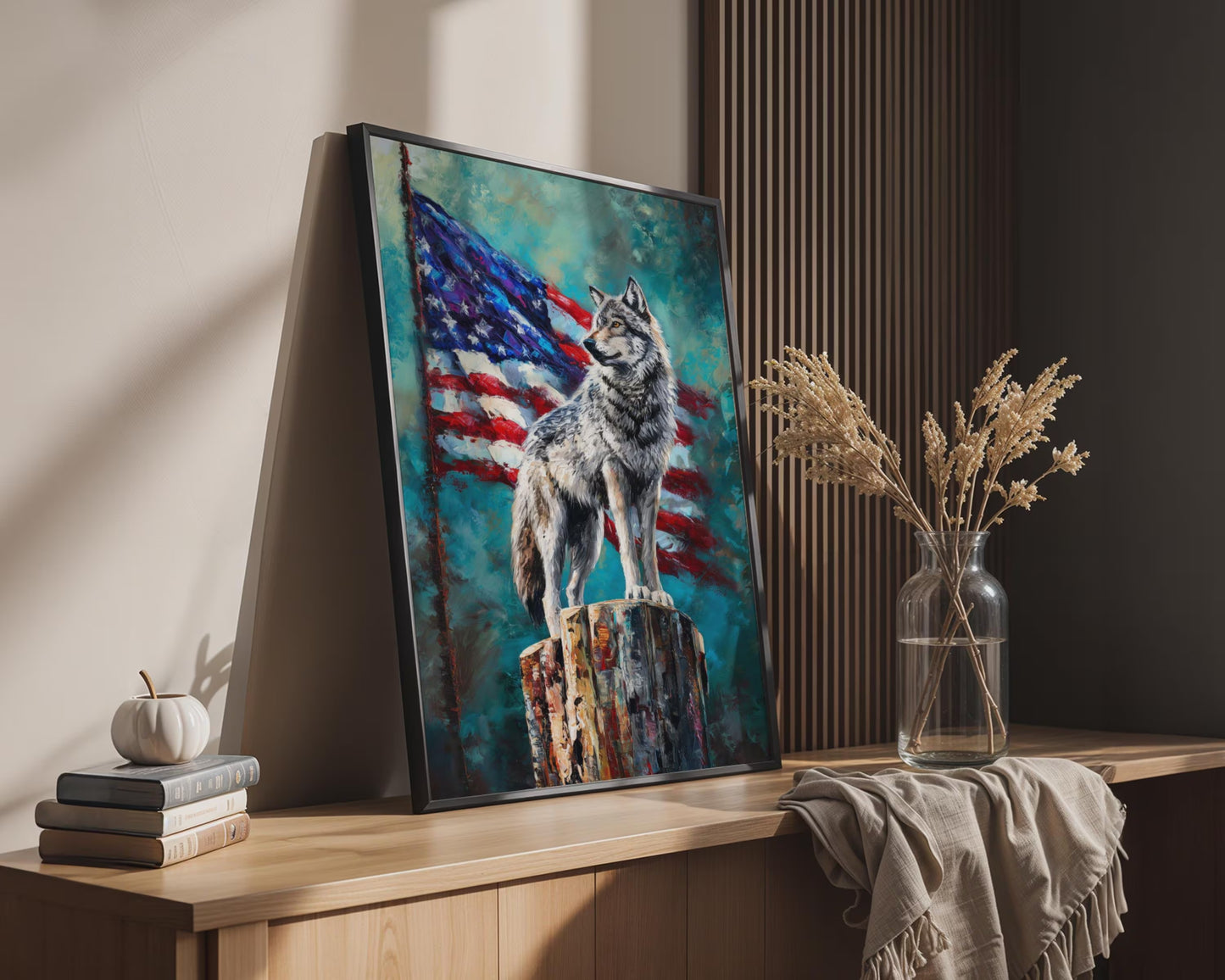 Textured Wolf American Flag Canvas Wall Art