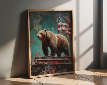 Rustic Patriotic Bear Canvas Wall Art, Americana Wildlife Prin