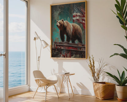 Rustic Patriotic Bear Canvas Wall Art, Americana Wildlife Prin