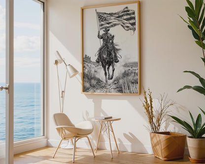 Cowboy Horse American Flag Canvas Wall Art, Patriotic Western Decor