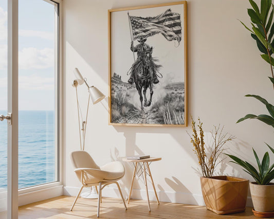 Cowboy Horse American Flag Canvas Wall Art, Patriotic Western Decor