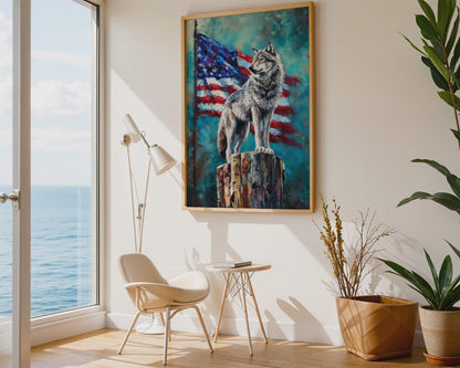Textured Wolf American Flag Canvas Wall Art
