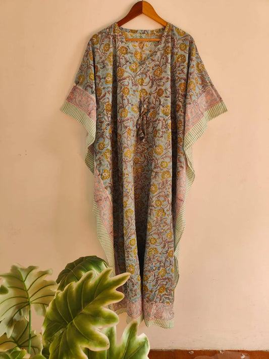 Block Print Cotton Kaftan , Caftan Floral Handmade Dress
