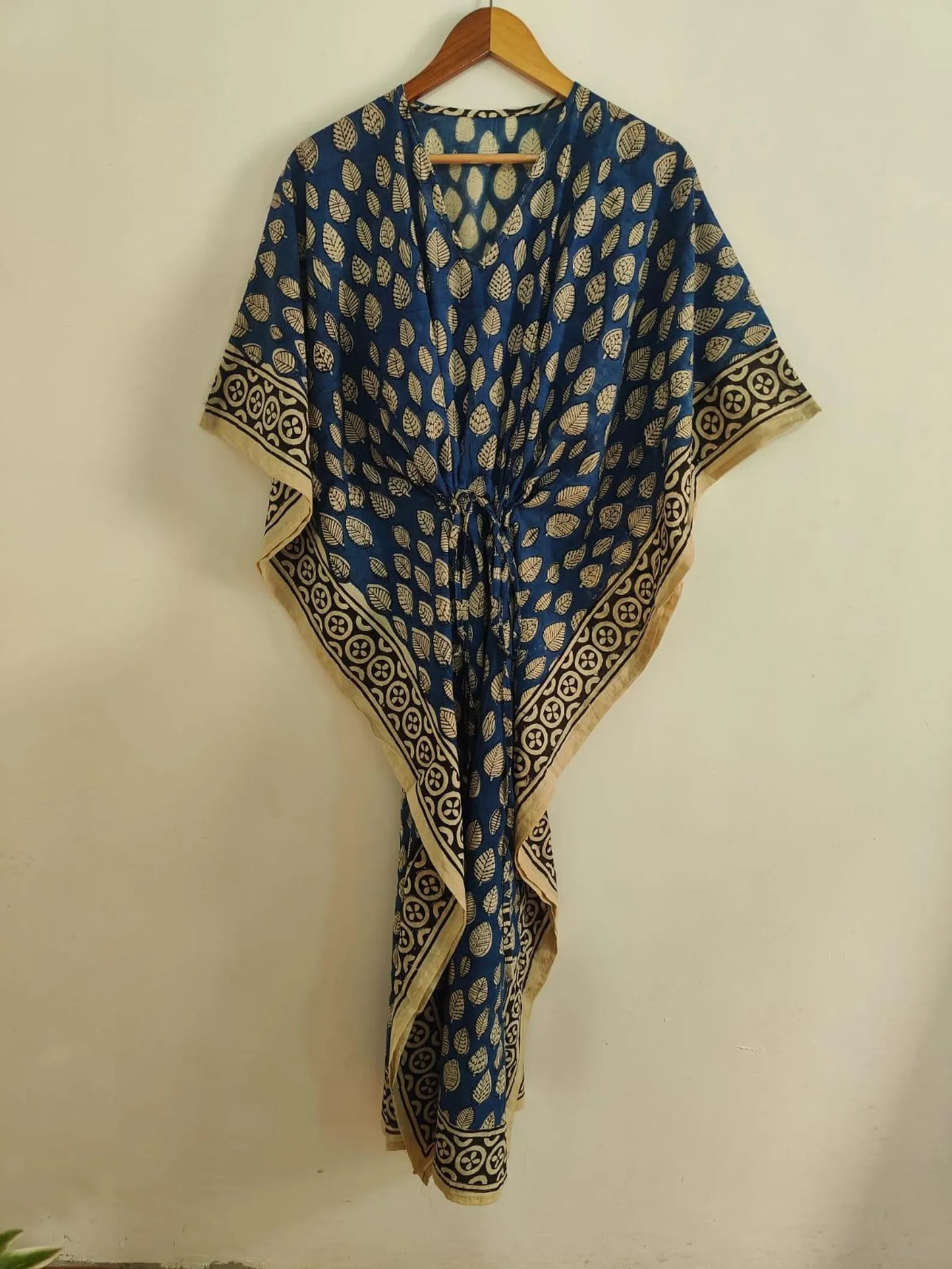 Floral Leaf Print Cotton Kaftan Dress , Caftan Long Beach Cover Up