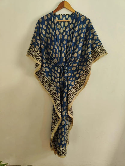 Floral Leaf Print Cotton Kaftan Dress , Caftan Long Beach Cover Up