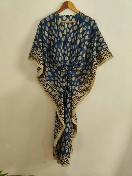 Floral Leaf Print Cotton Kaftan Dress , Caftan Long Beach Cover Up