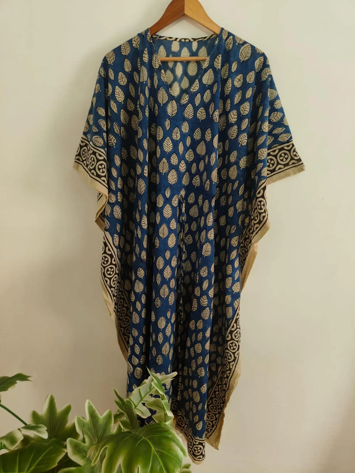 Floral Leaf Print Cotton Kaftan Dress , Caftan Long Beach Cover Up