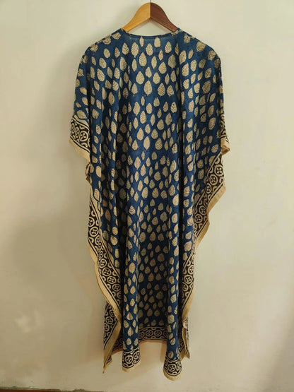 Floral Leaf Print Cotton Kaftan Dress , Caftan Long Beach Cover Up