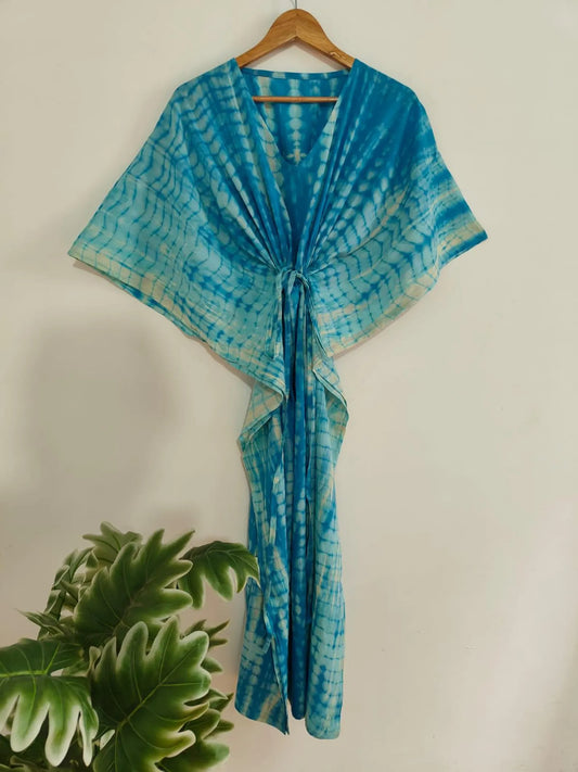 Indian Turquoise Cotton Tie Dye Kaftan , Caftan Lightweight Summer Dress