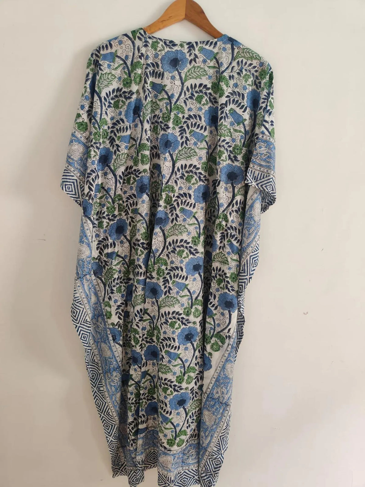 White Floral Hand Block Print Kaftan , Caftan Cotton Summer Dress