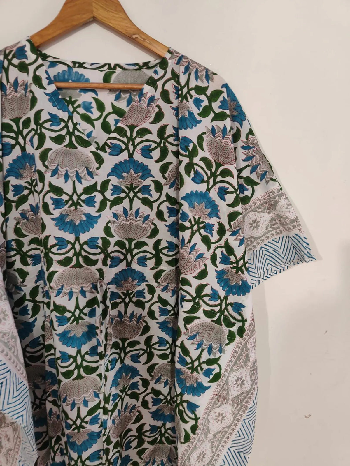 White Floral Hand Block Print Kaftan , Caftan Cotton Summer Dress