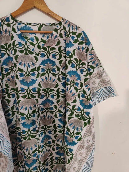 White Floral Hand Block Print Kaftan , Caftan Cotton Summer Dress