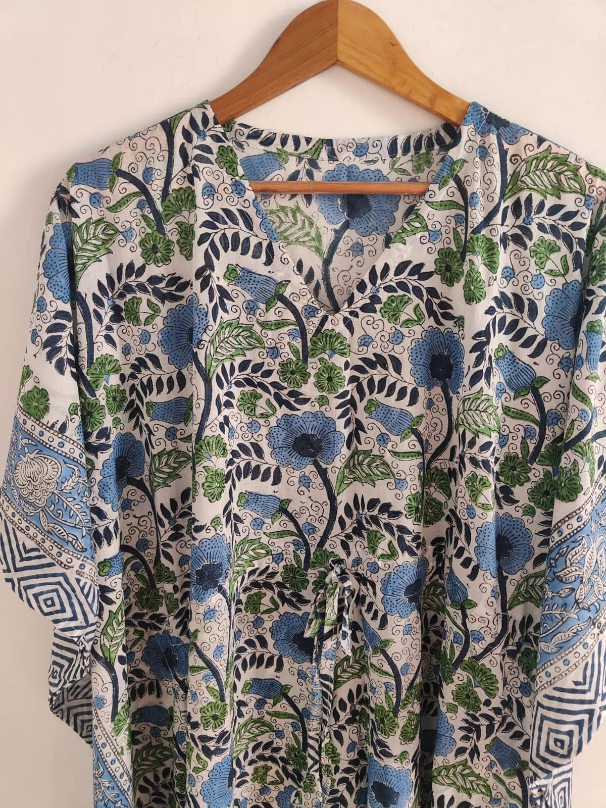 White Floral Hand Block Print Kaftan , Caftan Cotton Summer Dress