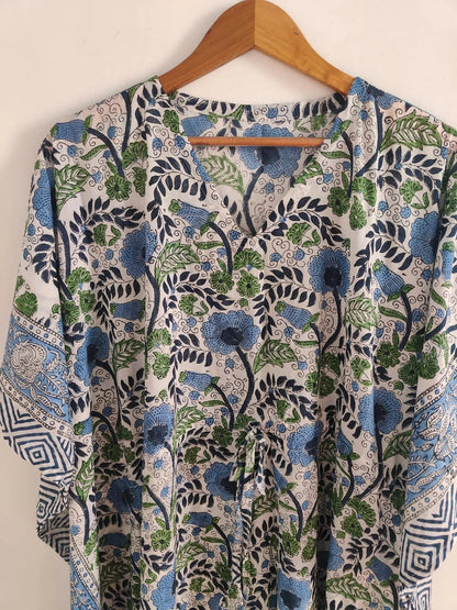 White Floral Hand Block Print Kaftan , Caftan Cotton Summer Dress