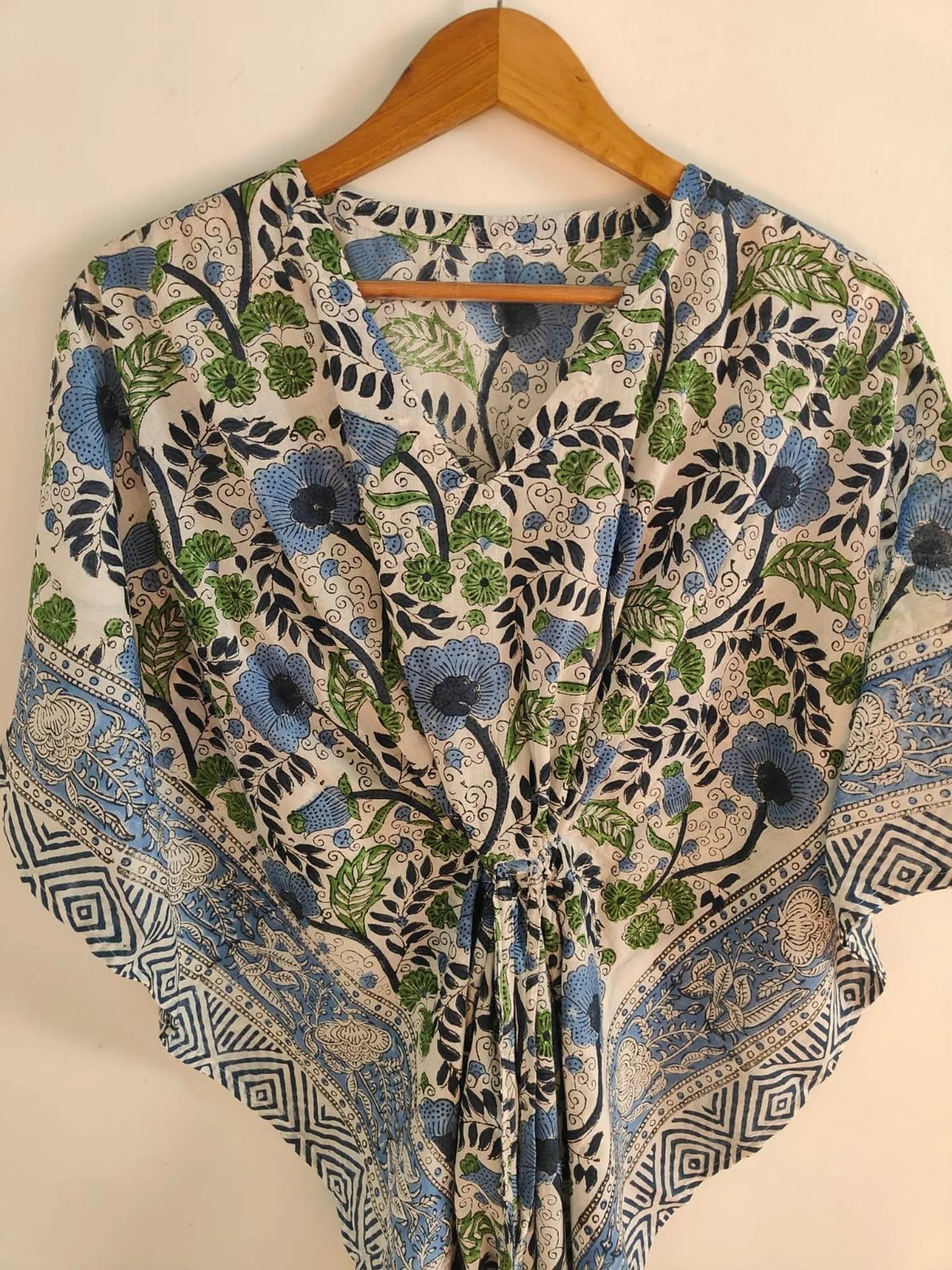 White Floral Hand Block Print Kaftan , Caftan Cotton Summer Dress