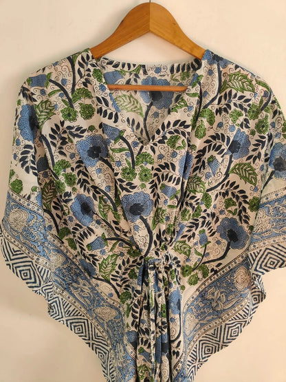 White Floral Hand Block Print Kaftan , Caftan Cotton Summer Dress
