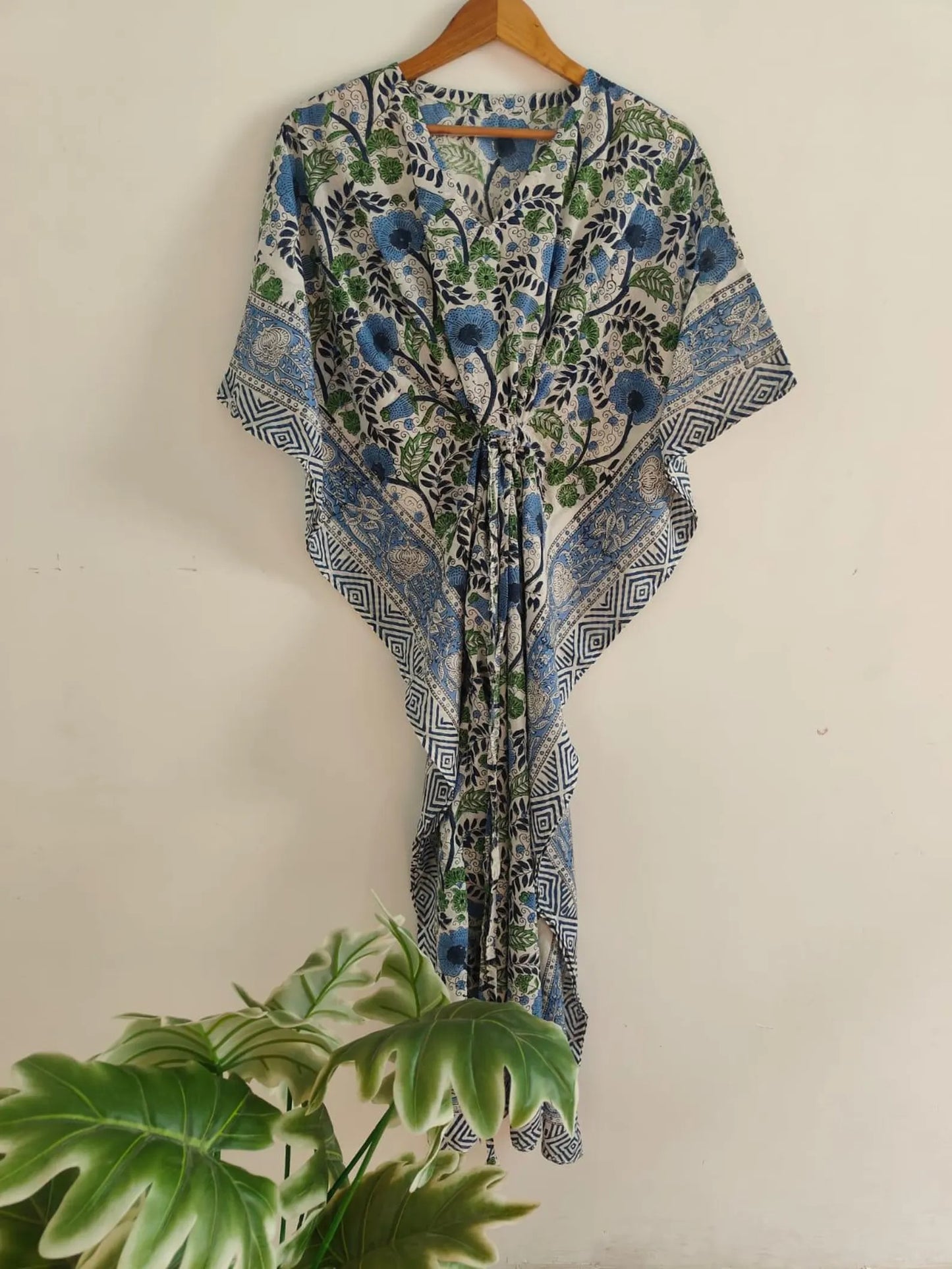 White Floral Hand Block Print Kaftan , Caftan Cotton Summer Dress